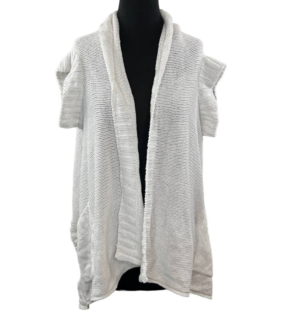 RELAIS White M Knit Cardigan Sweater Cotton Side Pockets Open Front Short Sleeve
